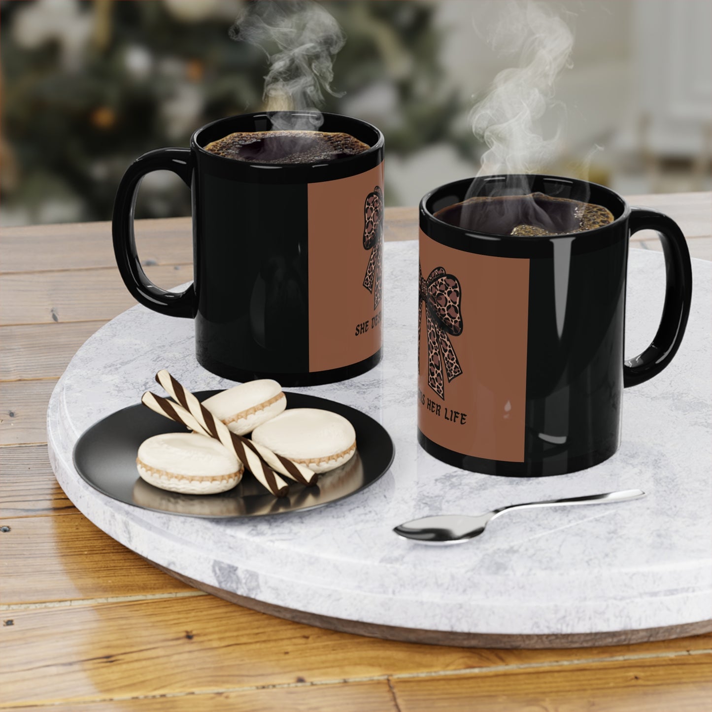 She Designs Her Life Leopard Bow Mug — Empowerment Coffee Cup (11 oz)