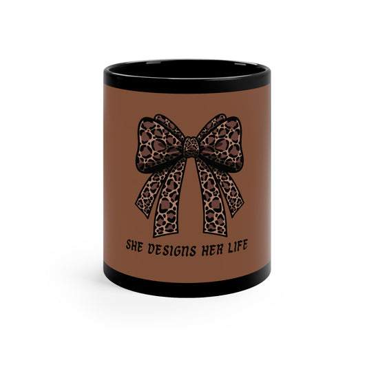 She Designs Her Life Leopard Bow Mug — Empowerment Coffee Cup (11 oz)