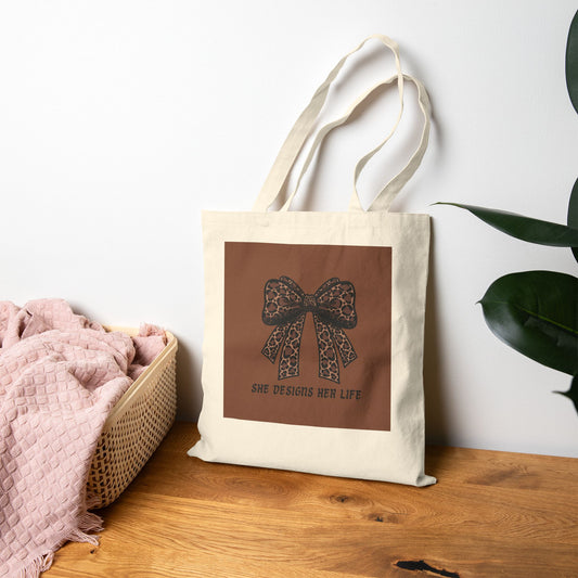 Canvas Tote Bag – Vintage Leopard bow "She Designs Her Life"