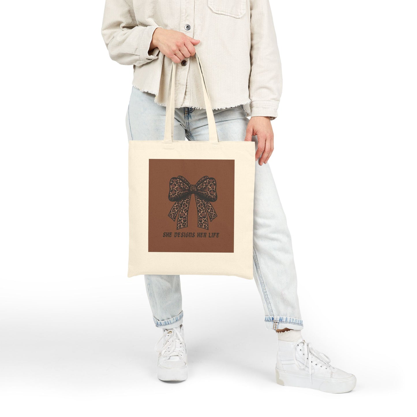 Canvas Tote Bag – Vintage Leopard bow "She Designs Her Life"